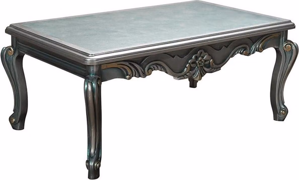 Casa Padrino tavolino barocco grigio / verde / oro 113 x 70 x h. 50 cm - Tavolino rettangolare da salotto in legno massiccio con piano in vetro