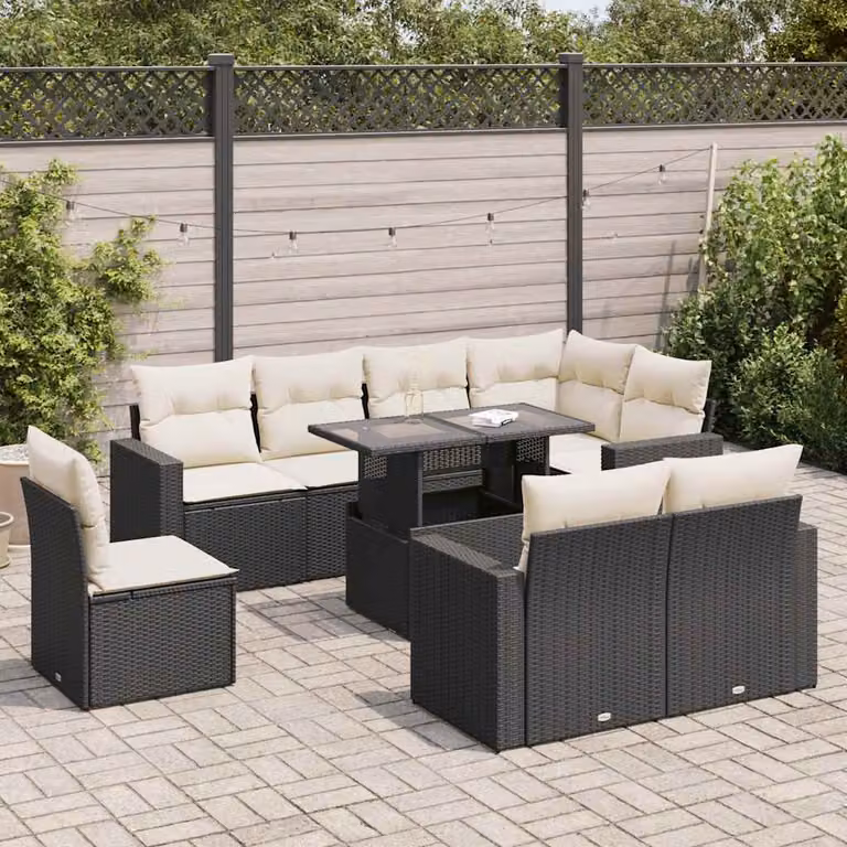 Set di divani da giardino vidaXL in polyrattan nero con cuscini, 9 pezzi