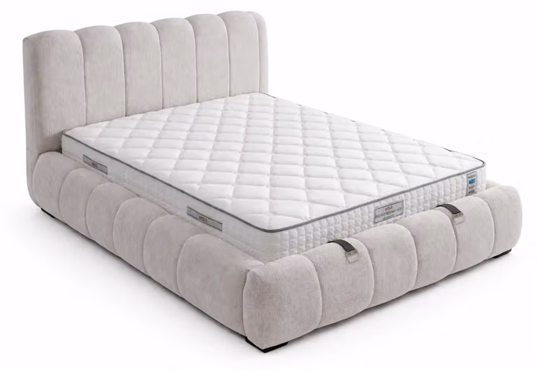 Letto con materasso, stile moderno, grigio, con contenitore, rivestimento in tessuto