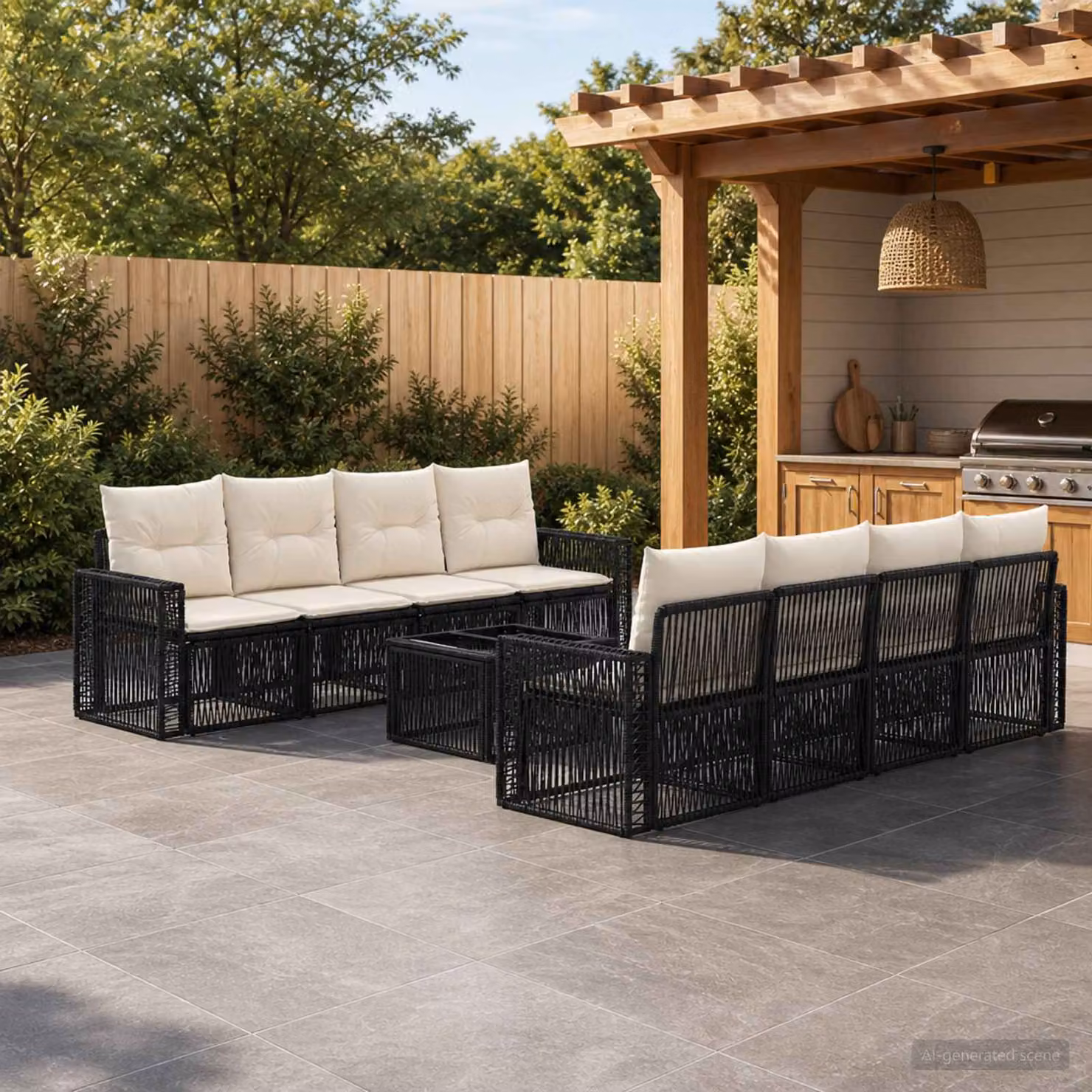 Set Divano da Giardino Moderno vidaXL in Polyrattan Nero con Cuscini e Tavolino da Caffè