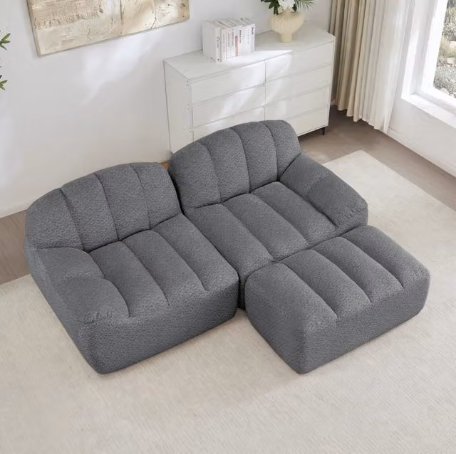 Divano modulare angolare senza struttura; 2 posti; con ottomano; 210x165x79 cm; grigio