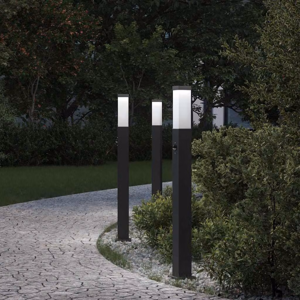 Set di 3 lampioni a paletto vidaXL con sensore di movimento, colore nero, IP44, Altezza: 80 cm