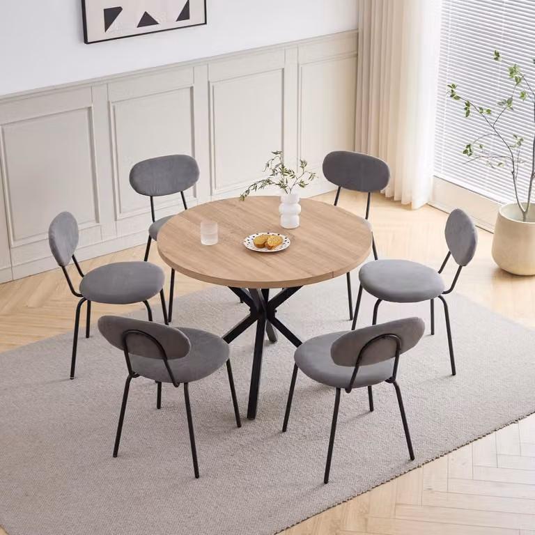 Set tavolo e sedie: 6 sedie, tavolo rotondo in legno, diametro 100 cm, impilabili, design moderno, colore kaki chiaro e grigio scuro