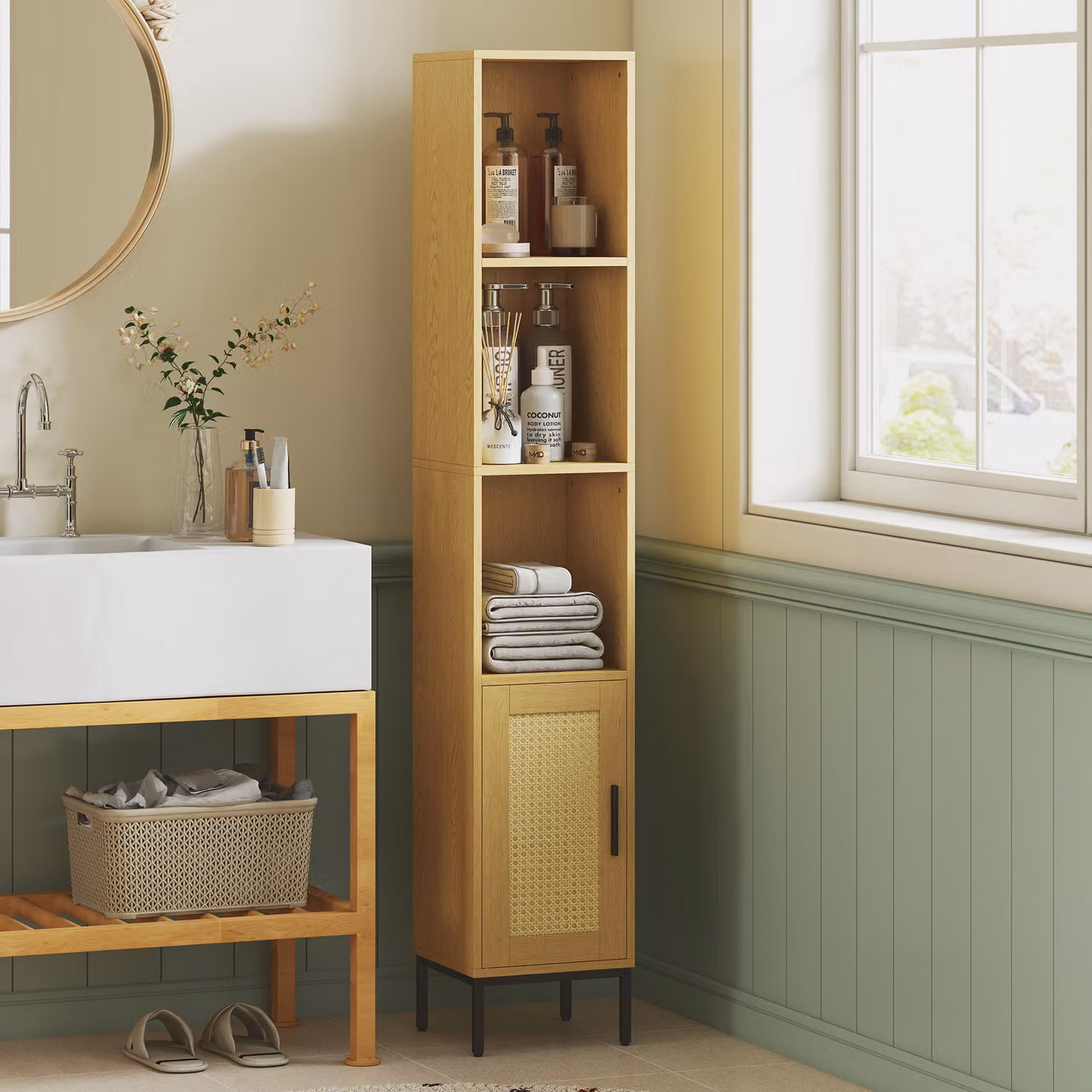 Mobile bagno alto HOMCOM in legno e rattan marrone con mensole e ripiano regolabile in stile boho – 2