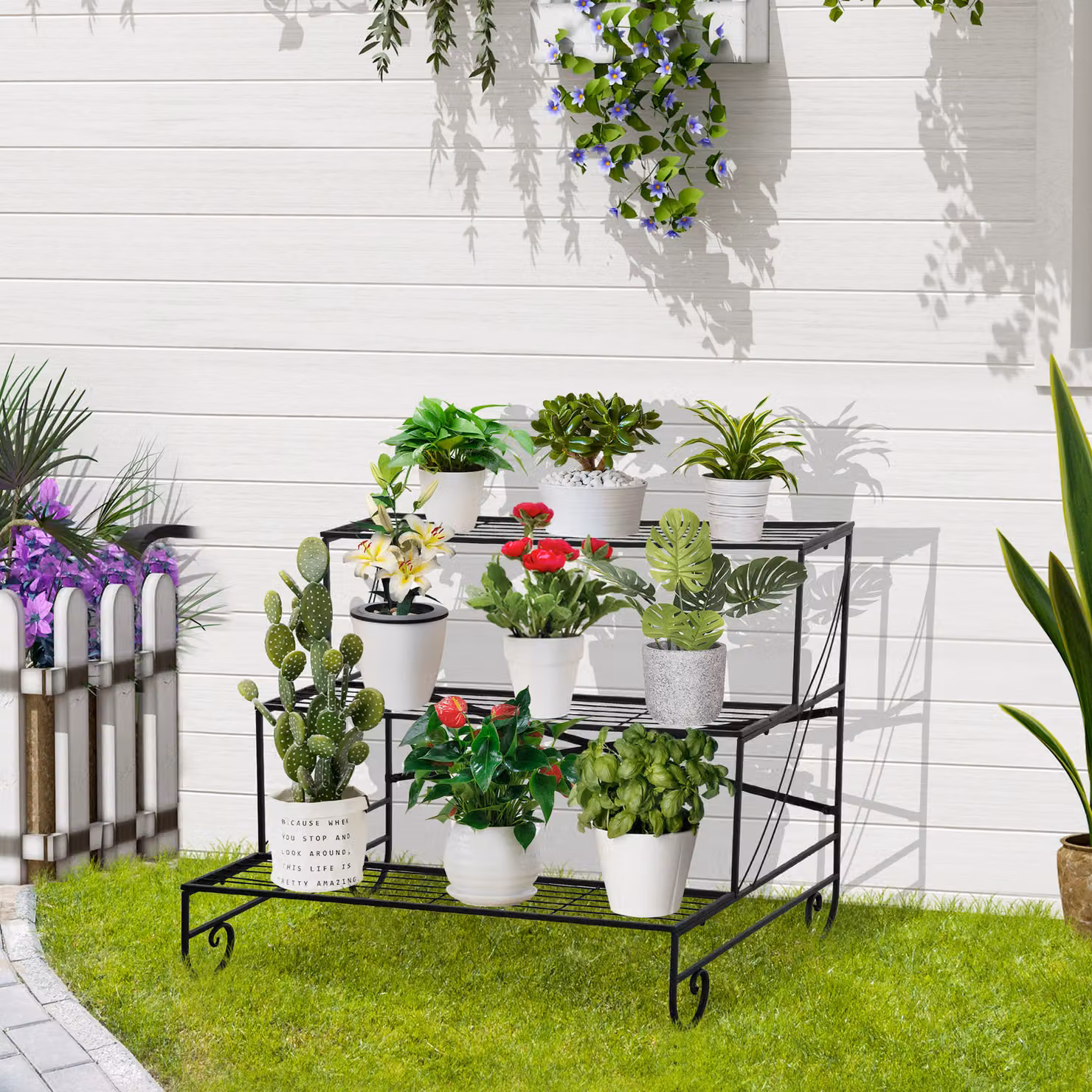 Portapiante a scala Outsunny in metallo nero a 3 livelli per giardino e decorazione esterna – 2