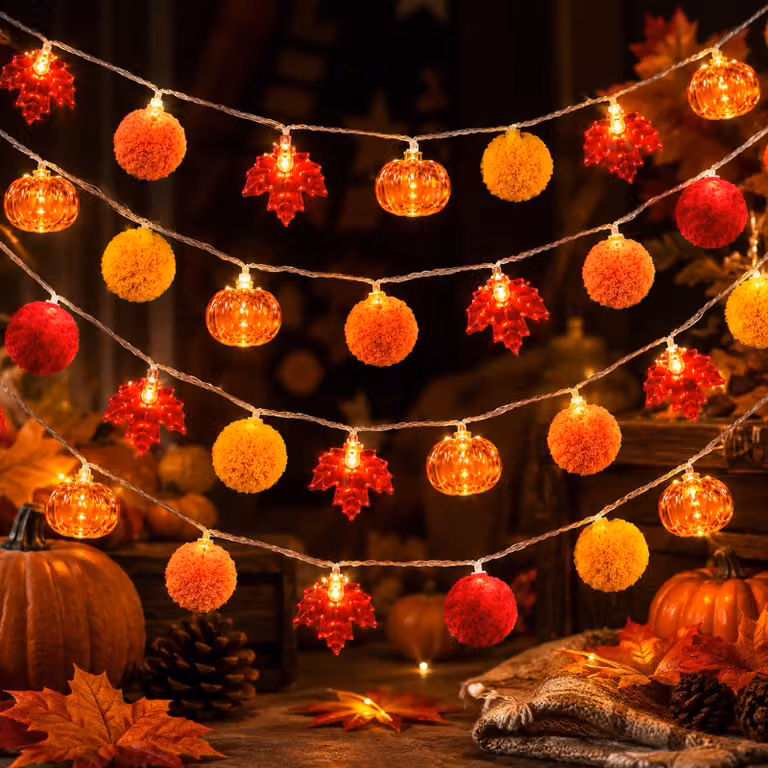 Decorazioni autunnali: catena luminosa, zucche, foglie d'acero. Confezione da 1 pezzo