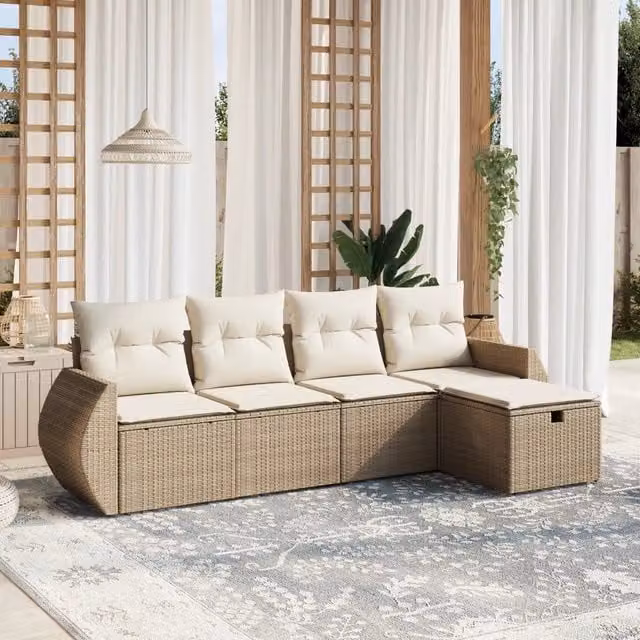 Set Divano da Giardino a L vidaXL in Polyrattan con Cuscini Beige e Struttura in Acciaio, 5 Pezzi – 1