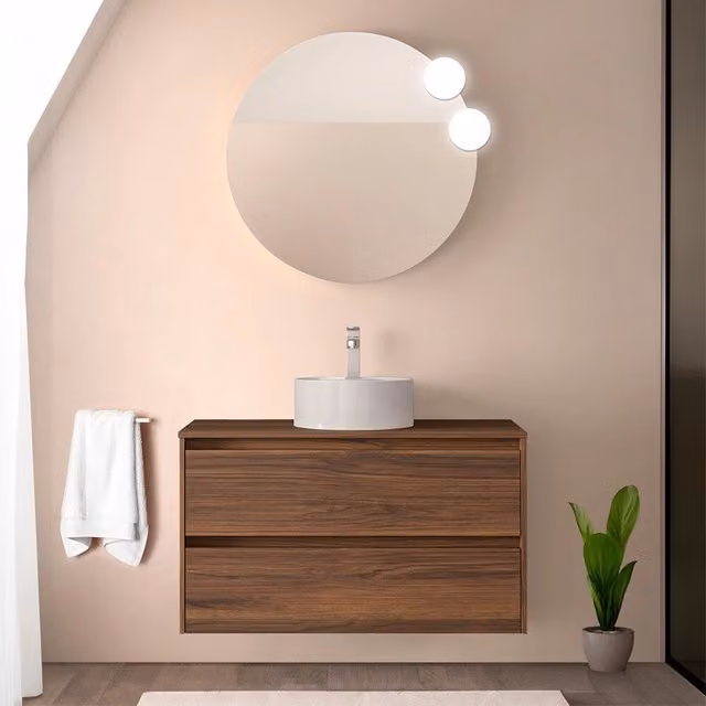 Mobile bagno sospeso Inbagno Gaya noce maya con top per lavabo da appoggio e ante con cassetti soft close