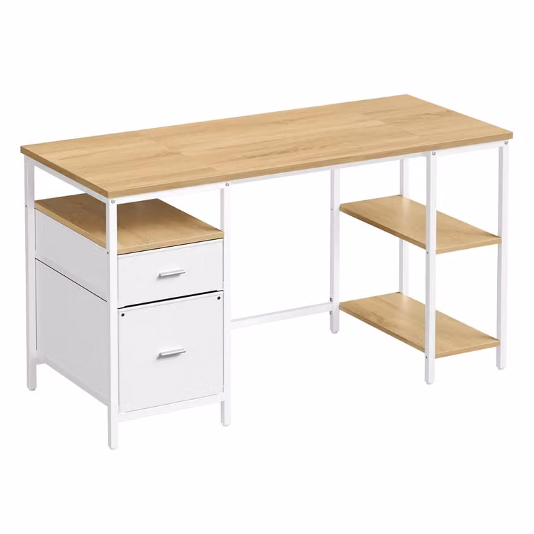 Scrivania con 3 Ripiani 2 Cassetti per Ufficio, Rovere Naturale + Bianco / 140 x 60 cm