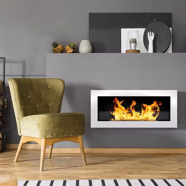 Caminetto a bioetanolo Seulo DMORA, colore bianco, L: 90 cm, P: 12 cm, H: 40 cm, capacità 0,75 lt