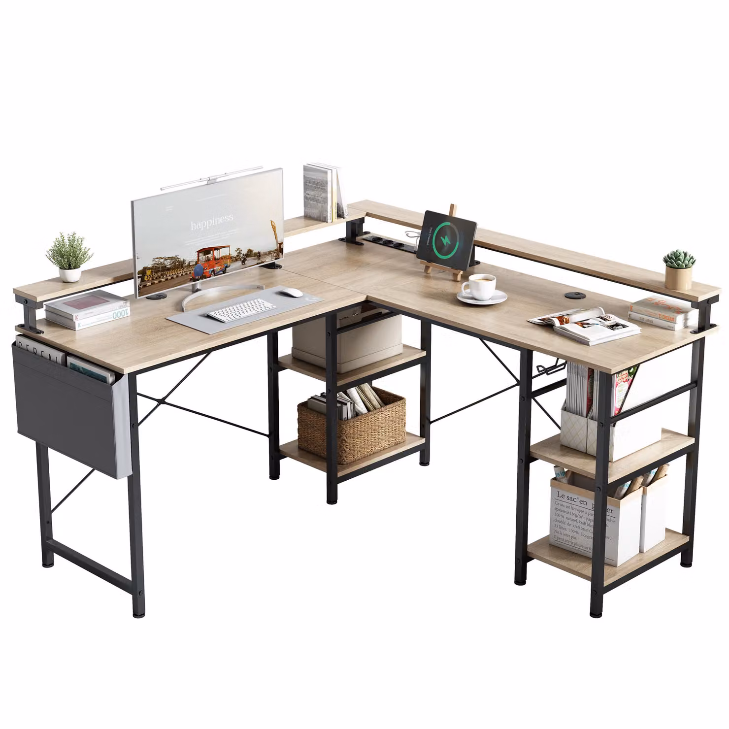 AIORBER Scrivania a L, 140x140x85 cm, scrivania angolare reversibile con presa di corrente e striscia LED, scrivania per computer da gioco, beige