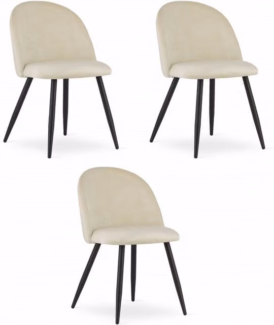 Set di 3 sedie Valora in velluto beige con gambe in metallo nero, stile moderno per soggiorno o ufficio, L: 42,5 cm, P: 47,5 cm, H: 76,5 cm