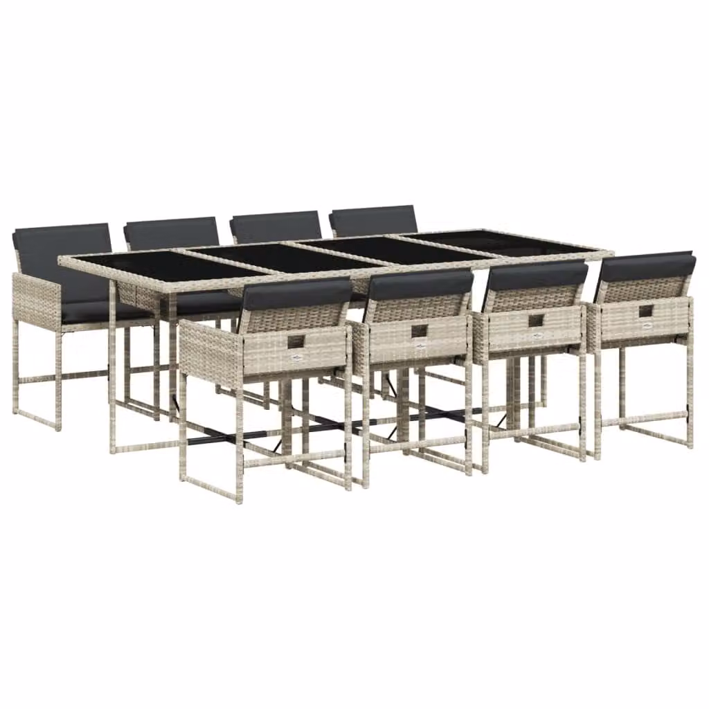 Set Pranzo da Giardino 9pz con Cuscini Grigio Chiaro Polyrattan