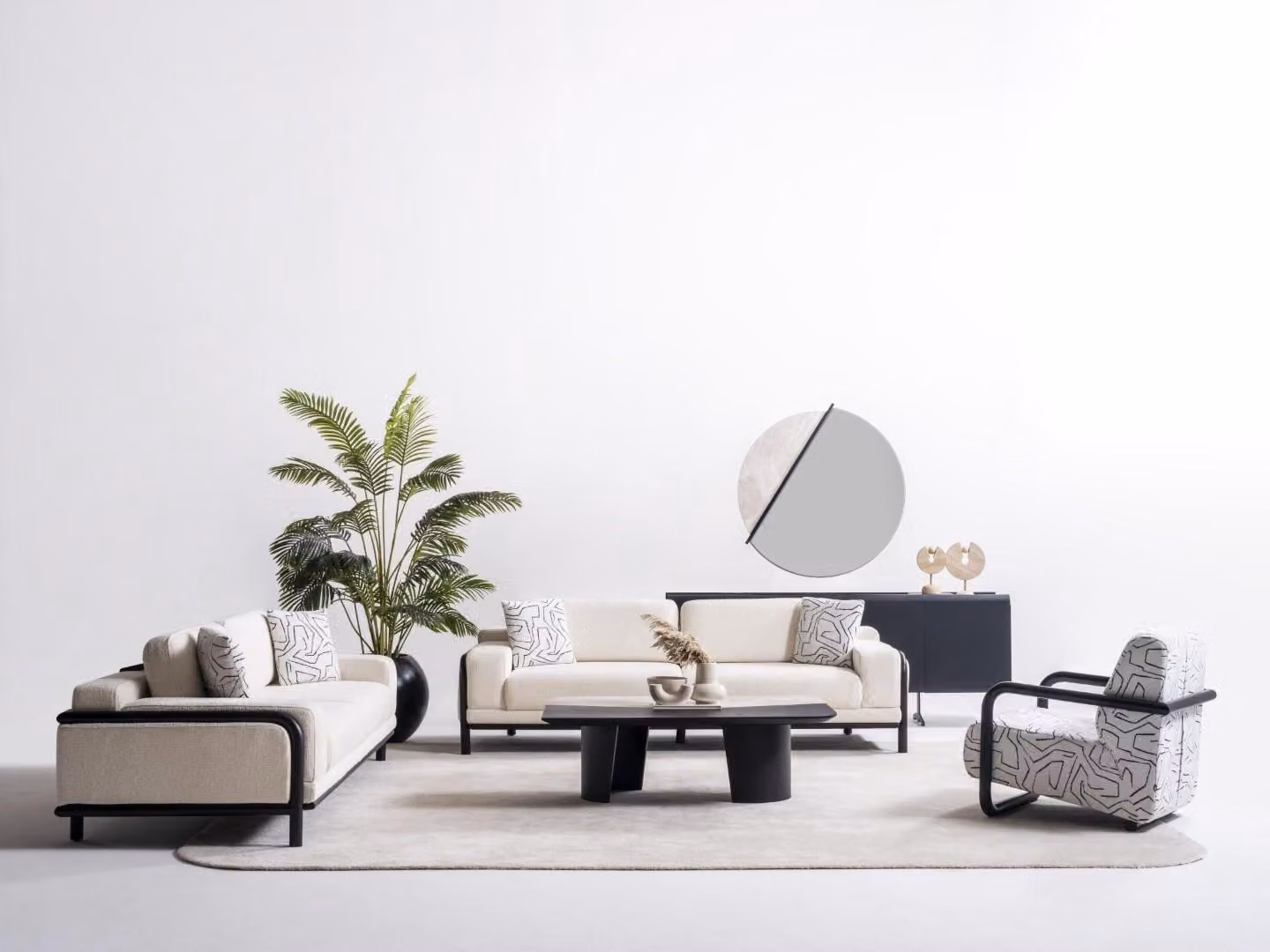 Moderner Wohnzimmer Set aus Holz in Beige mit Sofa, Couchtisch