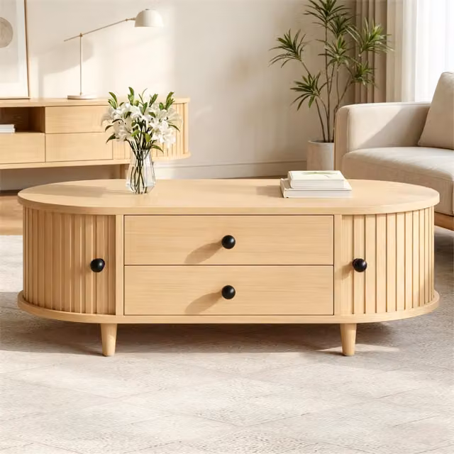 Tavolino basso fisso con porte avvolgibili e 2 cassetti in MDF effetto legno chiaro 100 × 50 × 36 cm