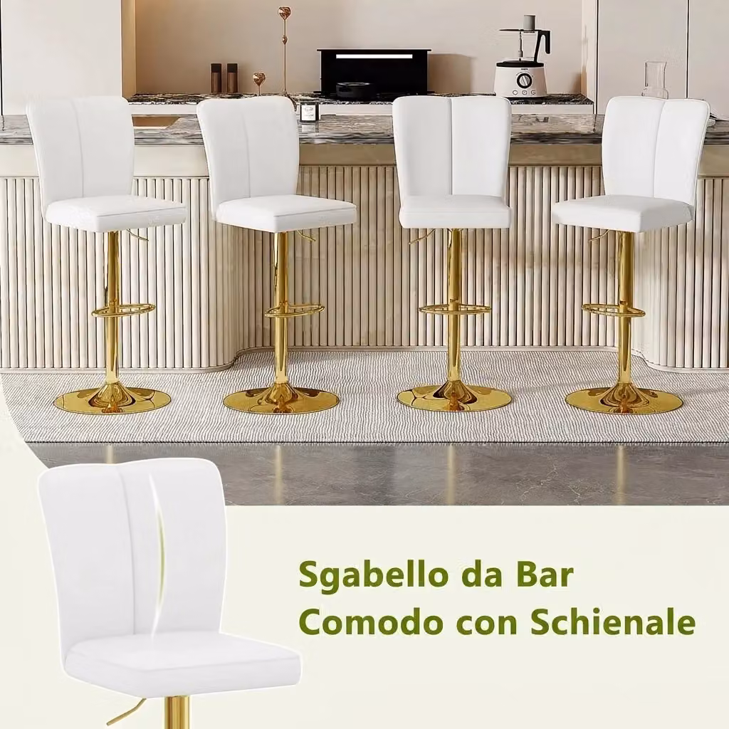Set di 2 sgabelli da bar Vovees Living girevoli a 360 gradi in ecopelle e metallo, colore bianco e oro, Altezza: 95,5-117,5 cm – 2