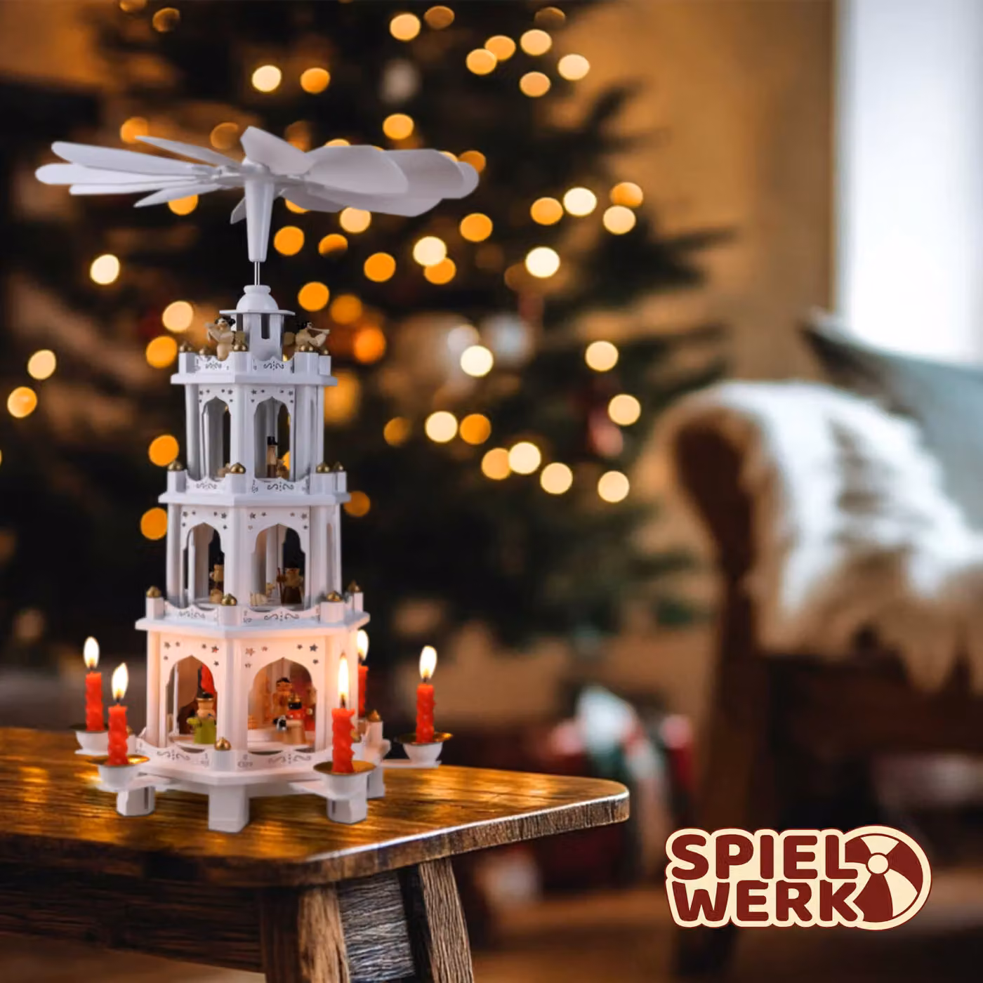 Piramide di Natale da tavolo Spielwerk® bianca con candele tealight, Altezza: 60 cm – 2