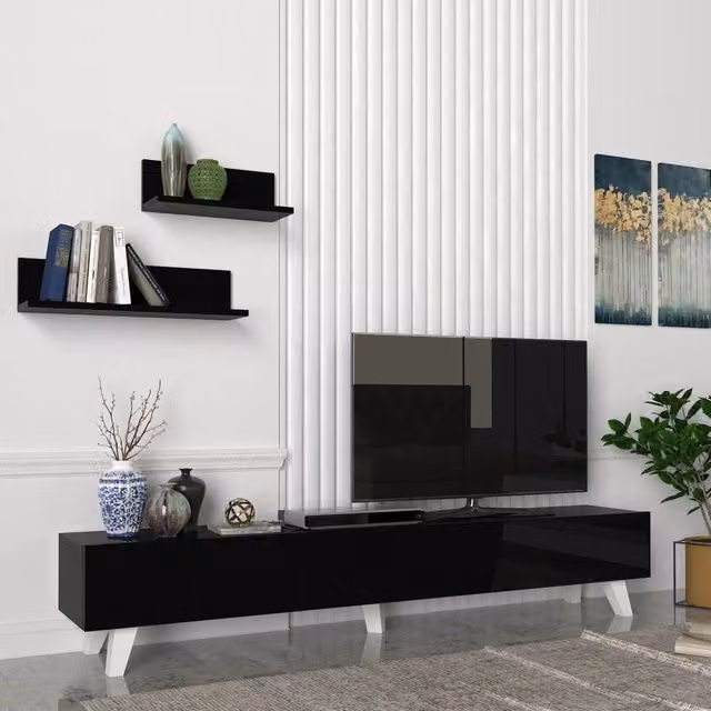 Set di Mobile TV e 2 Mensole da Muro en.casa Nero con Ante a Ribalta e Mensole a Forma di L L: 180 cm