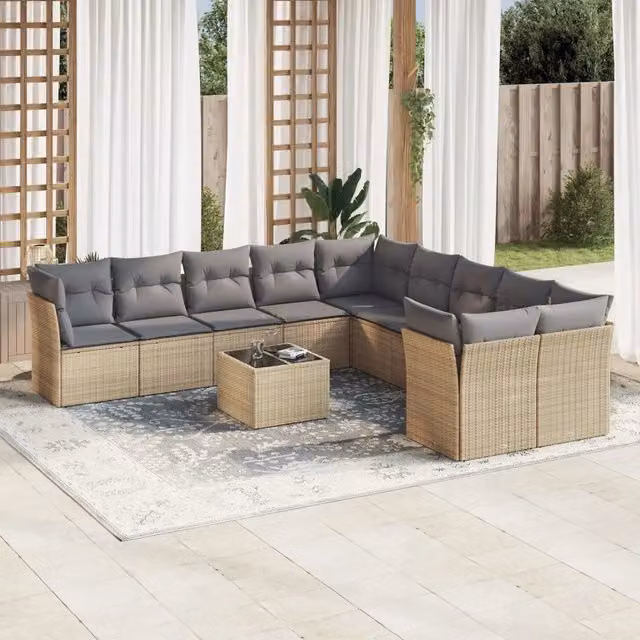 Set di Divani da Giardino VIDAXL in Polyrattan con Cuscini Beige, 11 Pezzi, Design Moderno a L – 1