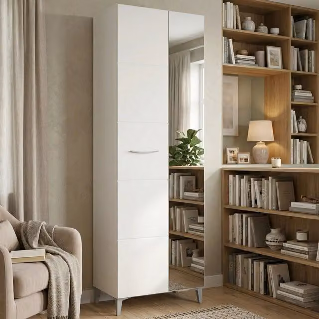 Armadio da camera da letto moderno DMORA con ante a battente, specchio e ripiani interni, Bianco opaco, L: 58 cm, H: 195 cm – 1