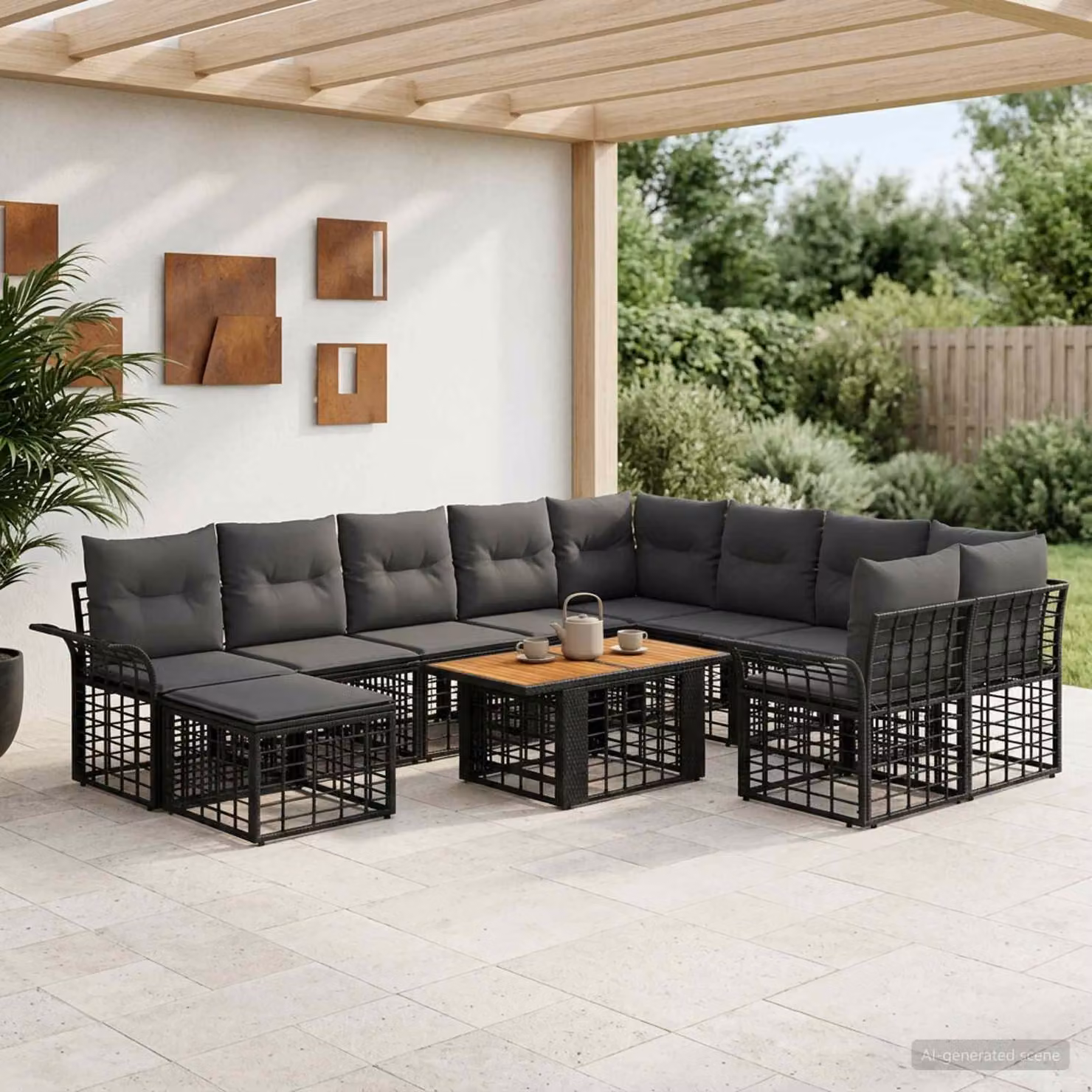 Set Divano da Giardino vidaXL 11 pz in Polyrattan Nero e Grigio con Cuscini e Tavolino