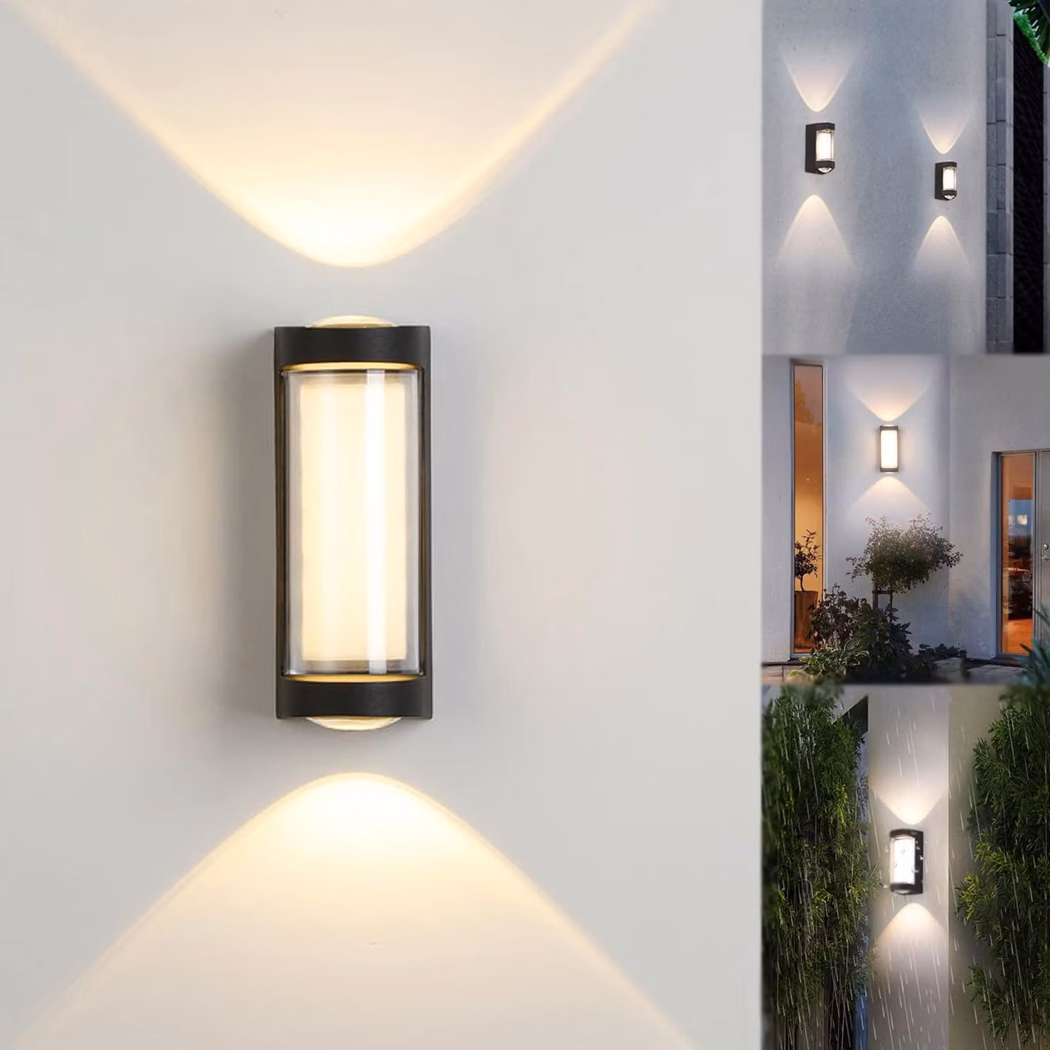 Lampada a parete LED, modello up/down, alluminio, nero, luce bianco caldo, grado di protezione IP65, dimensioni 19,5x7,5x8 cm