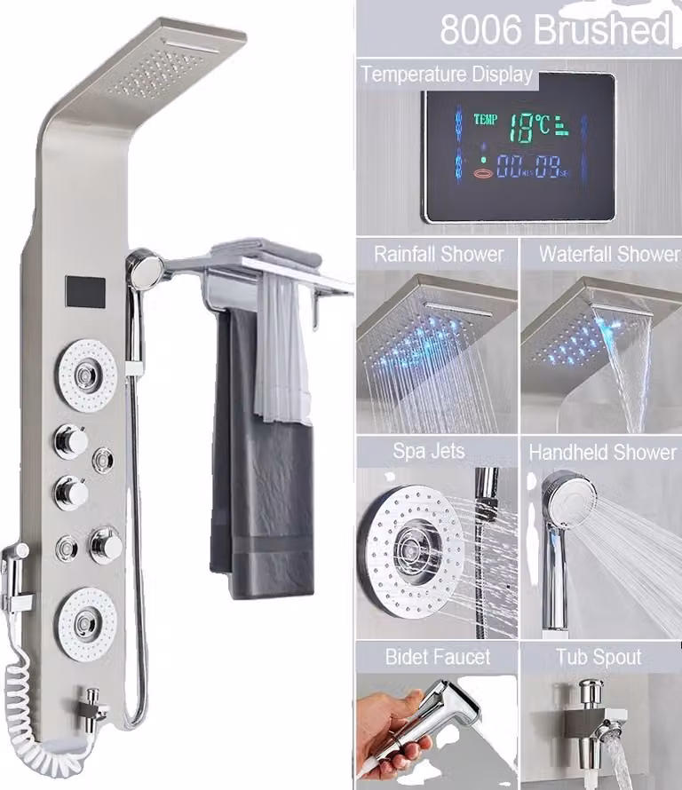 Sistema di pannelli doccia, indicatore di flusso dell'acqua a LED, triplo comando, 8006 spazzolato