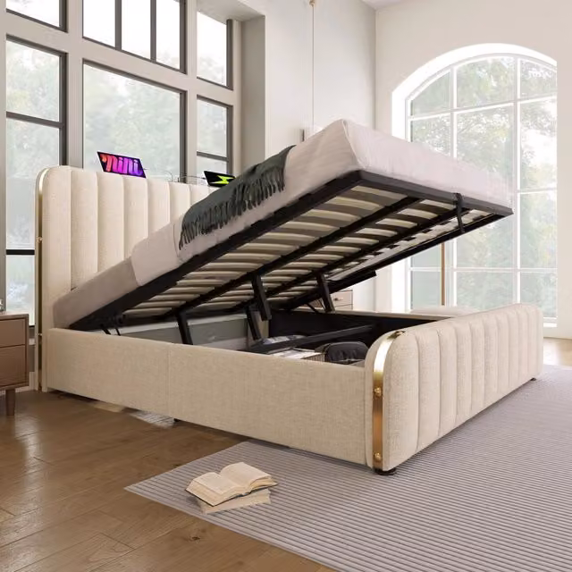 Letto matrimoniale 180 × 200 cm con vano idraulico, USB e Type-C, senza materasso, in lino beige