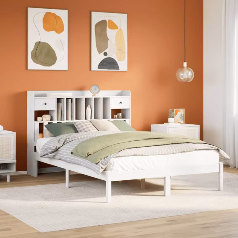 vidaXL Letto Libreria in Legno di Pino Bianco con Ripiani Laterali per Adulti L/P/H: 190 x 140 x 110 cm