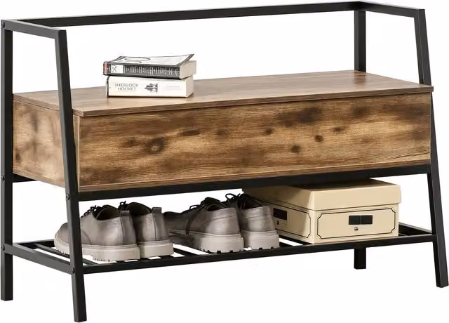 Scarpiera salvaspazio HOMCOM in stile industriale con panca, in legno e metallo, marrone rustico, L: 90 cm, P: 37 cm, H: 60 cm