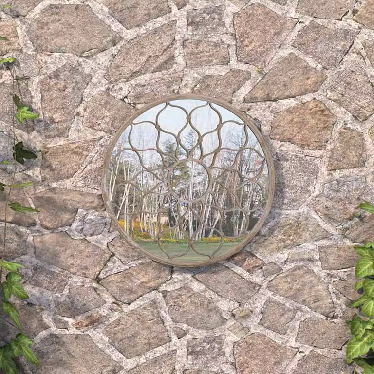 Specchio da giardino rotondo vidaXL in metallo e vetro, colore sabbia, H 60 cm x L 60 cm x P 3 cm