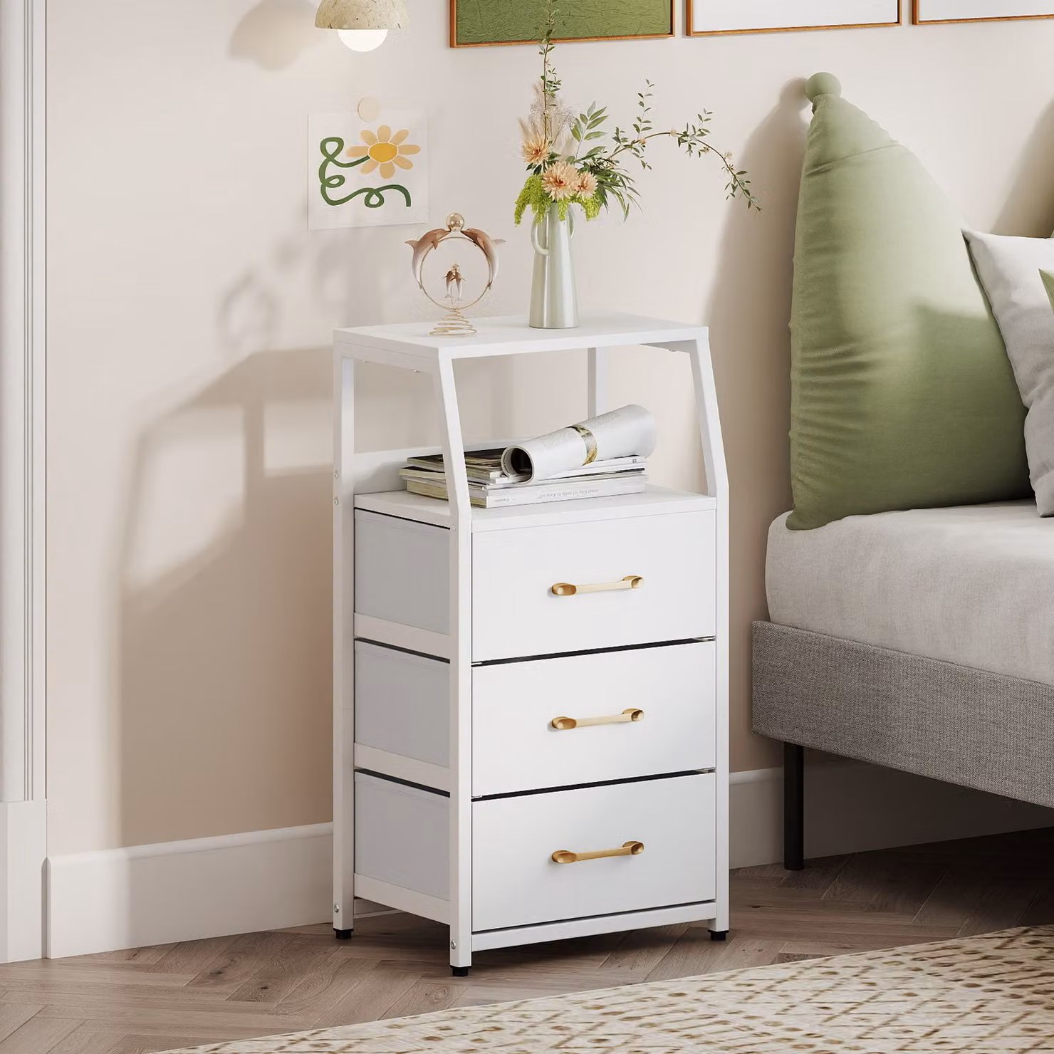 Comodino Costway con 3 cassetti in tessuto e scomparto aperto, cassettiera salvaspazio in metallo bianco per camera da letto o soggiorno