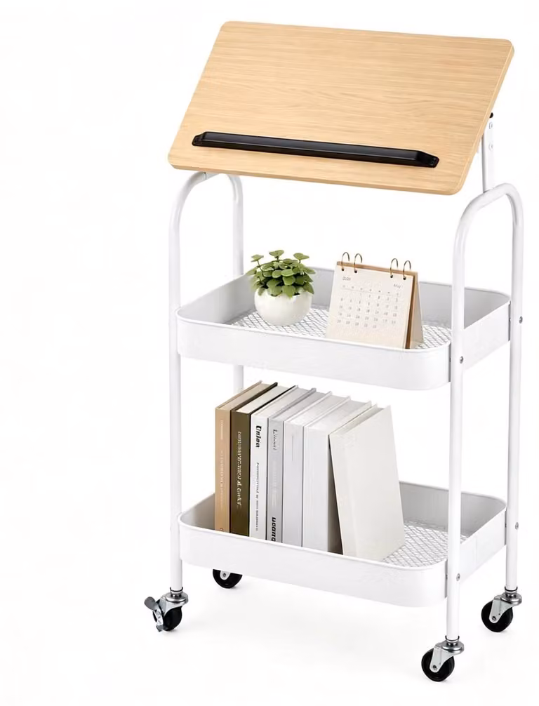 Piccolo tavolo da computer con rotelle - Tavolo a forma di L per laptop - Piano del tavolo regolabile in altezza - Struttura in metallo - Cestino laterale in filo metallico - Adatto per divano e letto - Marrone