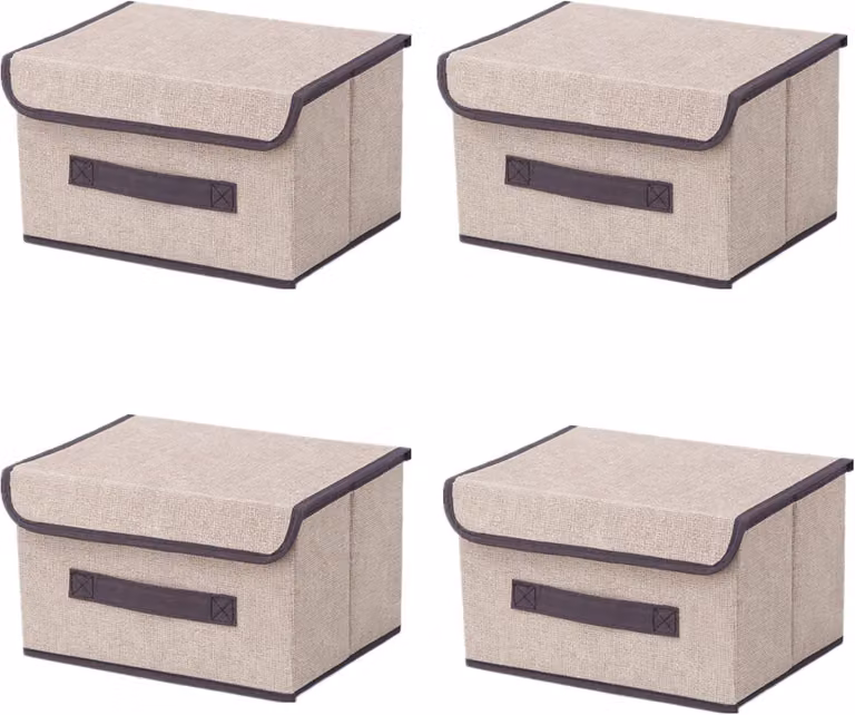 Set di 4 cesti portaoggetti, in tessuto, dimensioni 26x19x16 cm, con coperchio e maniglie, ideali per la casa