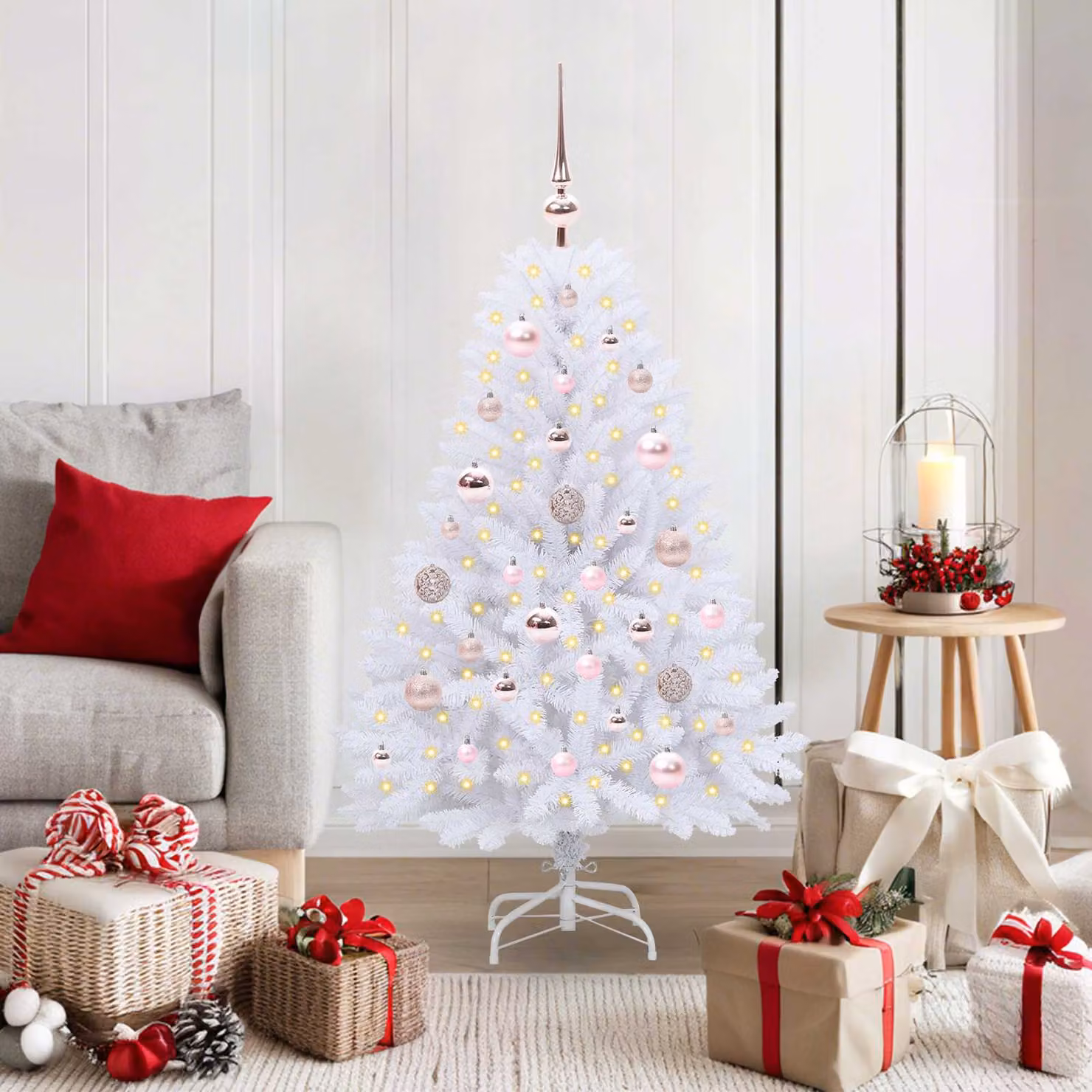 Albero di Natale Artificiale Moderno vidaXL con LED e Rami Pieghevoli in PVC e Metallo, Bianco, Altezza: 120 cm