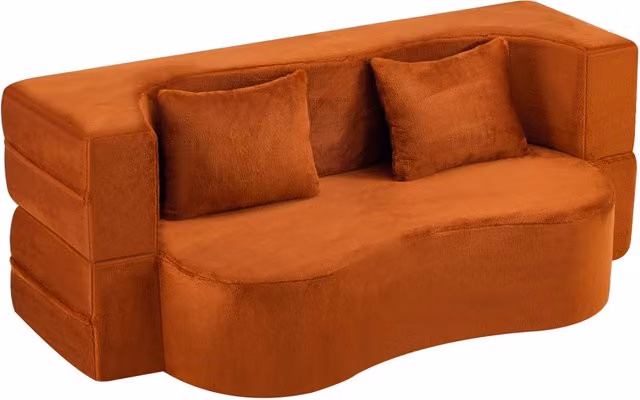 Divano letto pieghevole a 2 posti in schiuma e peluche arancione con 2 cuscini per soggiorno e camera da letto L: 123 cm, P: 34 cm, H: 34 cm