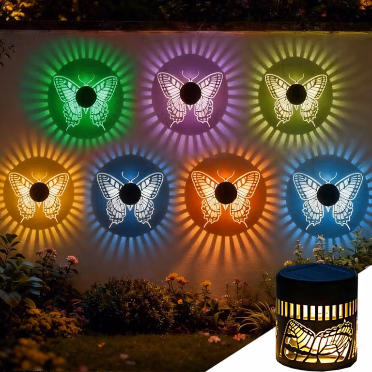 Lampada solare decorativa con motivo a farfalla, 7 colori, dimensioni 10x10 cm