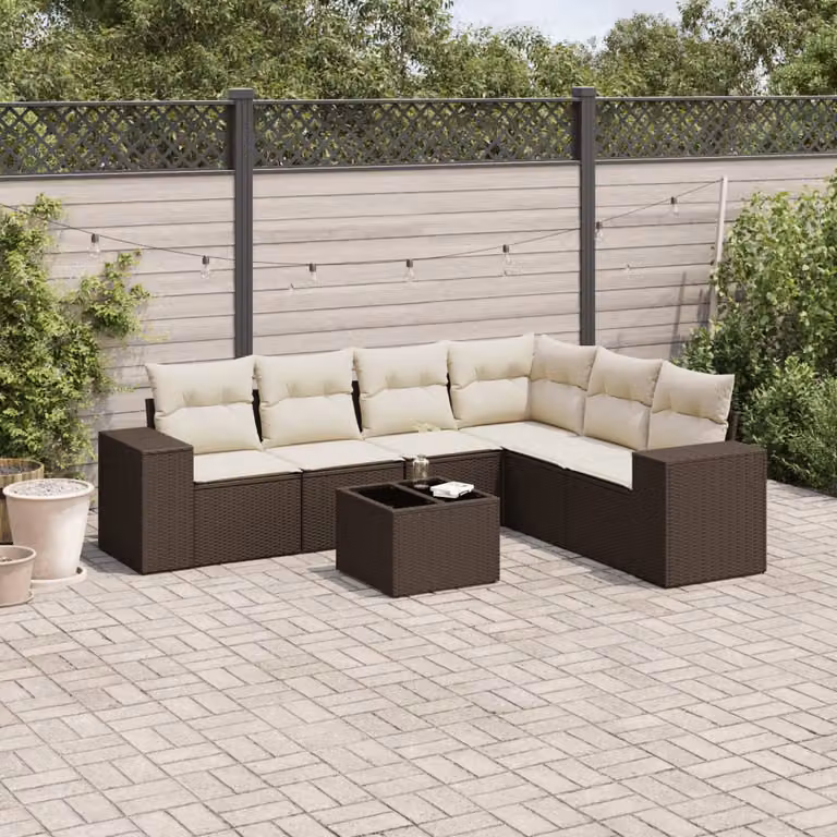 Set di divani da giardino vidaXL 7 pezzi con cuscini marroni e bianchi in rattan e metallo con tavolino da esterno a forma di L
