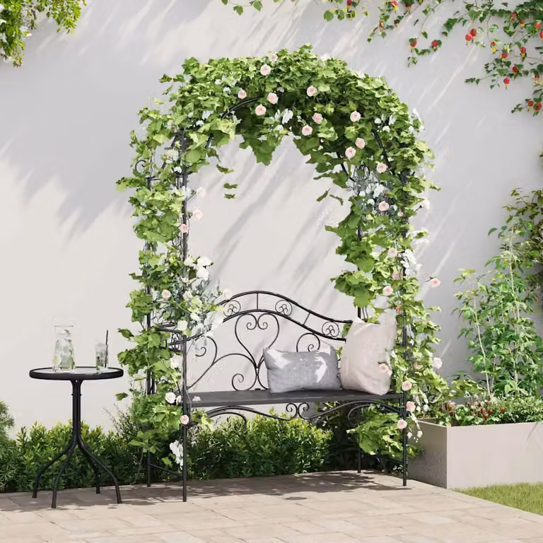 Panchina da giardino moderna vidaXL in acciaio nero con cuscini, resistente alle intemperie, L: 121 cm, P: 48 cm, H: 200 cm