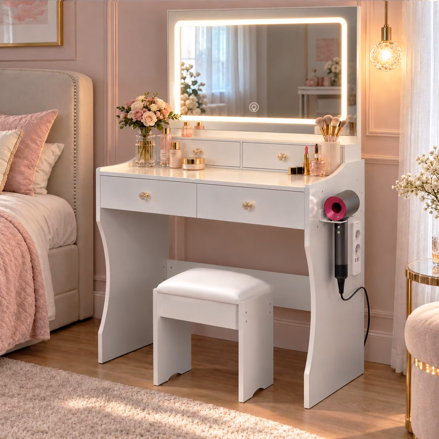 Toeletta bianca con sgabello e lampada LED a 3 colori; tavolo da trucco con specchio e 4 cassetti, 90x40x135 cm, con luminosità regolabile
