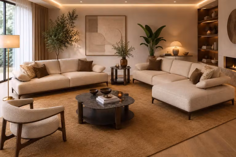 Moderno complesso residenziale: divano angolare a forma di L, tre posti, design confortevole e lussuoso