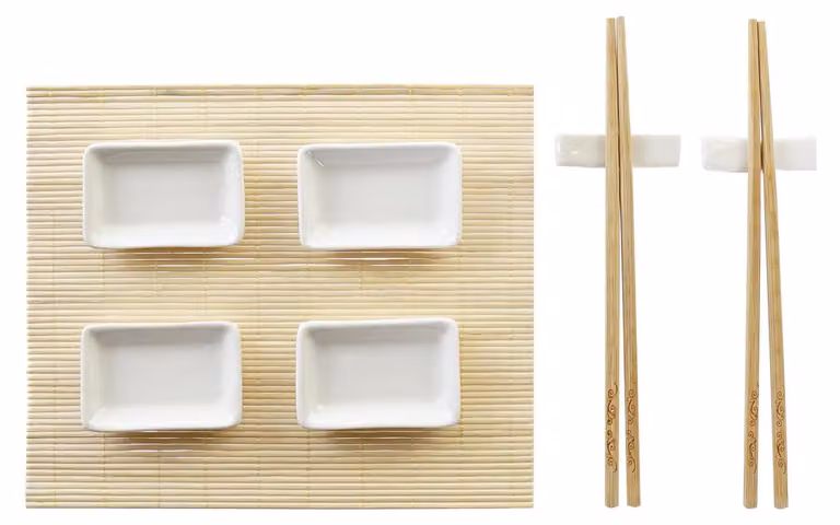 Set per sushi in bambù, 9 pezzi, dimensioni 28 x 22 x 2,5 cm