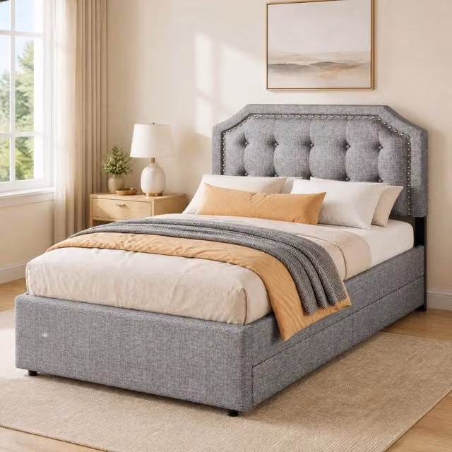 Letto 90x200 cm grigio – 2 cassetti e testiera regolabile, senza materasso
