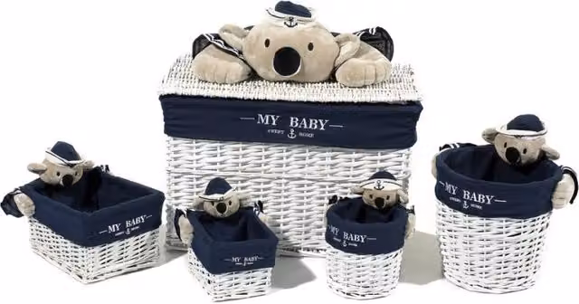 Set 5 cesti in vimini bianco Koala con baule, tema koala blu marino