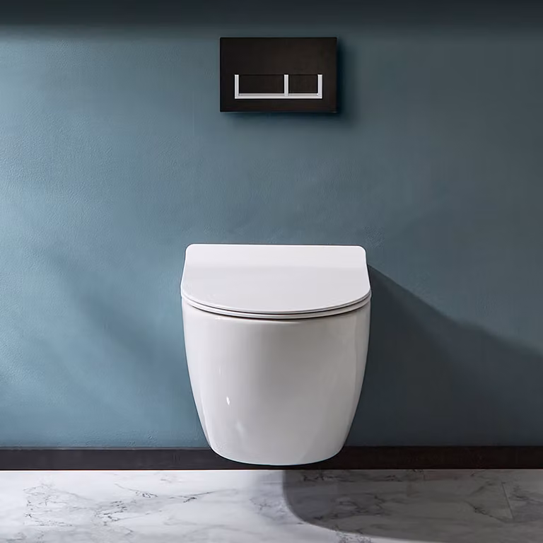 Sanitario WC Sospeso Senza Brida con Telaio Corto - Placca di Comando Rettangolare Bianca/Cromata - Otterton