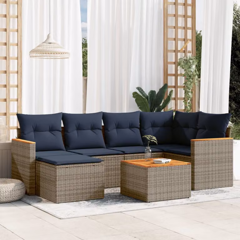 Set di divani da giardino vidaXL 7 pezzi in rattan con cuscini grigi e blu, design moderno a L con tavolino e pouf, struttura in acciaio verniciato a polvere
