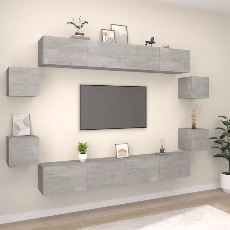 Set di mobili porta TV vidaXL da 8 pezzi in legno multistrato e MDF, colore grigio cemento opaco