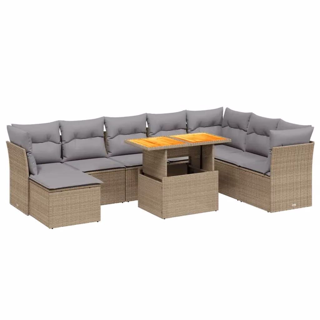 vidaXL Set Divano da Giardino 9 pz a Forma di L in Polyrattan con Cuscini Beige e Tavolino da Esterno – 2