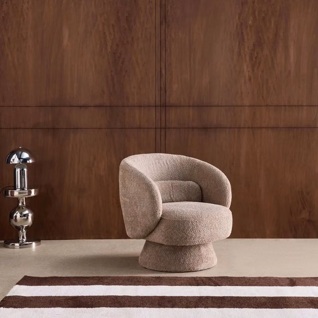Poltrona girevole 360 Sweeek in tessuto bouclé beige con braccioli e design moderno per soggiorno – 2