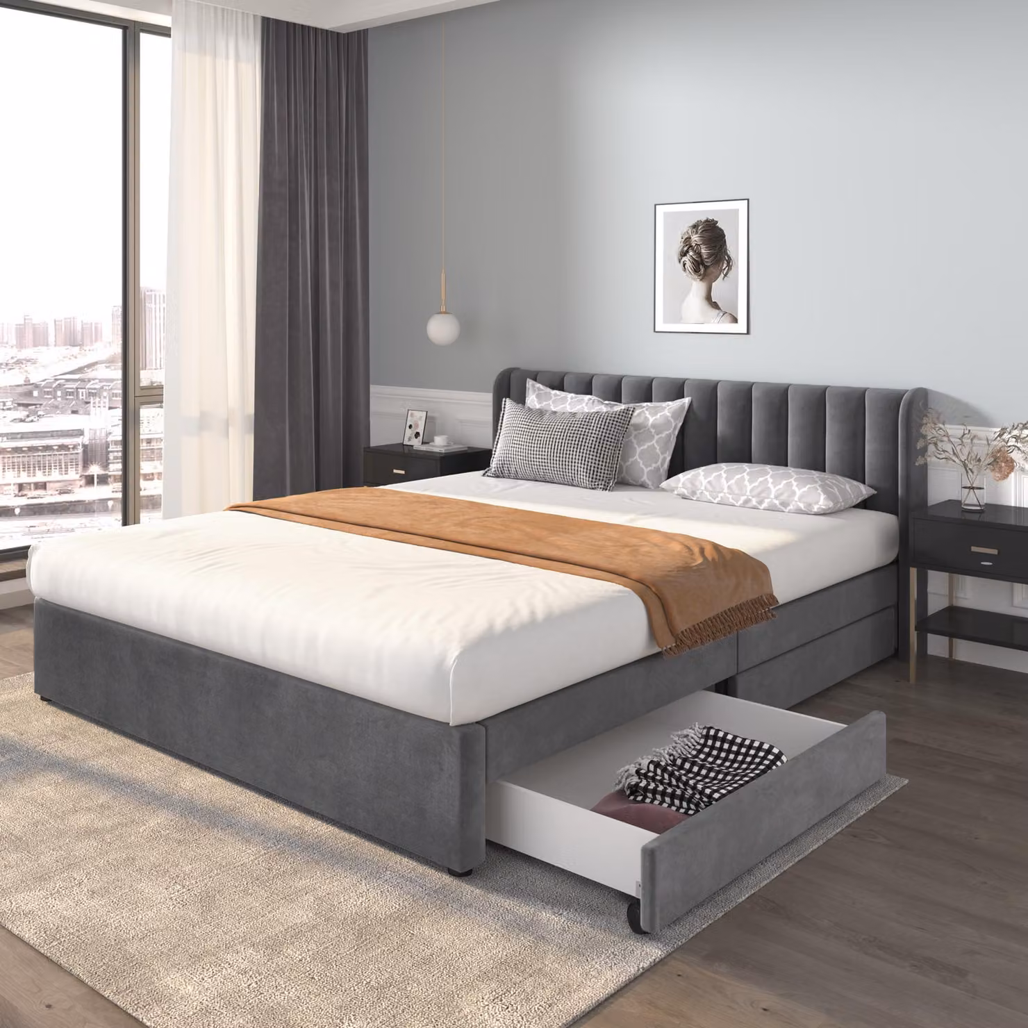 Letto imbottito Flieks 180x200cm matrimoniale con rete a doghe e 2 cassetti, letto contenitore letto in legno letto funzionale in velluto, senza materasso, grigio